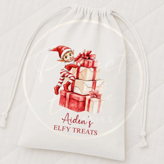Christmas Drawstring Bag - Elf Climbing Presents