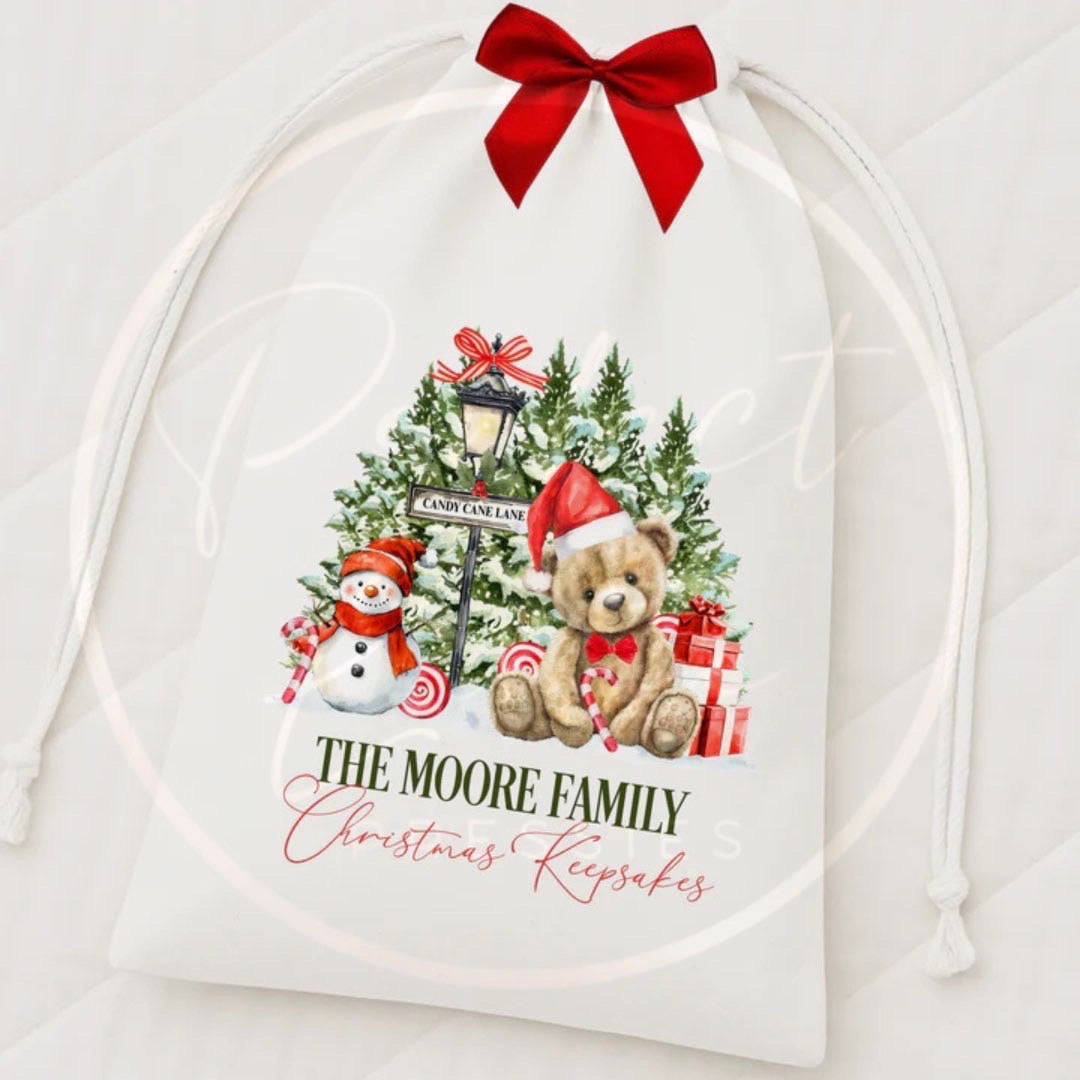 Christmas Drawstring Bag - Candy Cane Lane Red Bear
