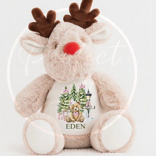Christmas Teddy - Pink North Pole Bear Reindeer