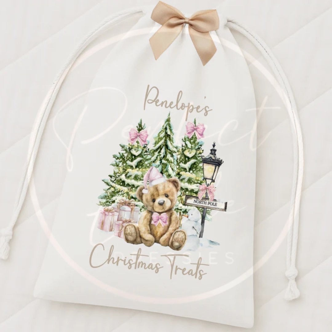 Christmas Drawstring Bag - Pink North Pole Bear