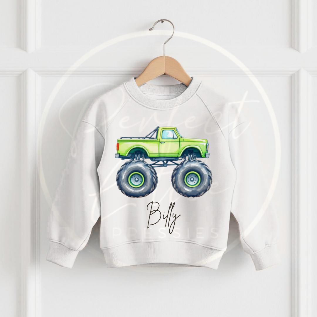 Kids White Sweatshirt - Monster Truck Designs
