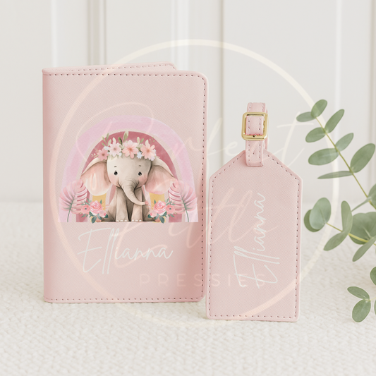 Passport Cover and Luggage Tag Set - Floral Elephant Rainbow Design