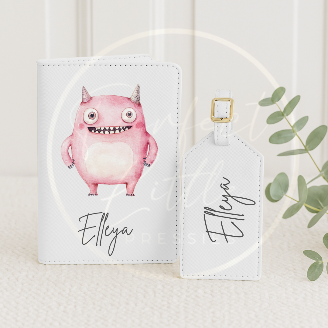 Passport Cover and Luggage Tag Set - Pink Worry Monster
