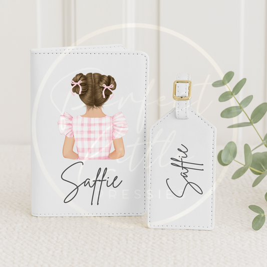 Passport Cover and Luggage Tag Set - Pink Gingham Dress Girl