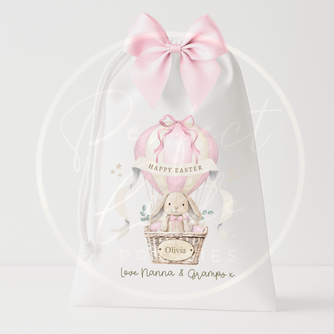 Easter - Pink Bunny Hot Air Balloon Drawstring Bag
