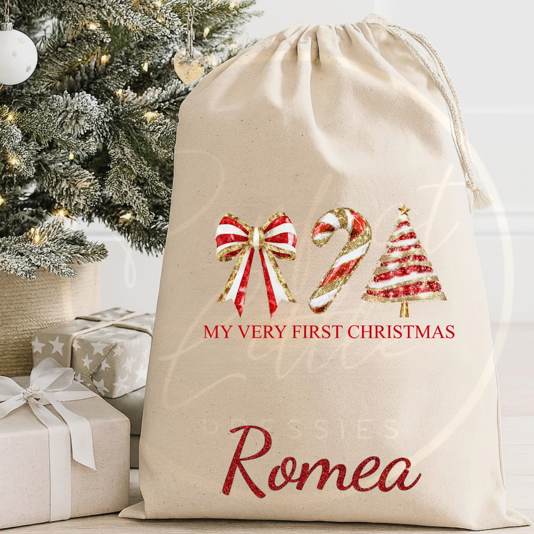 Christmas Sack - Red Glitter Trio First Christmas