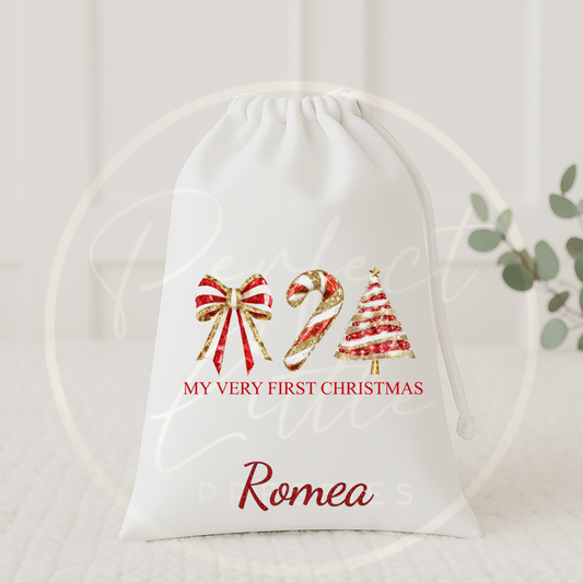 Christmas Drawstring Bag - Red Glitter Trio First Christmas