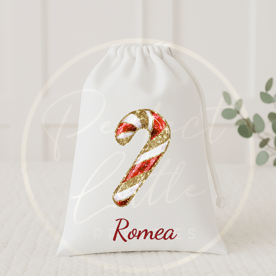Christmas Drawstring Bag - Red Glitter Candy Cane
