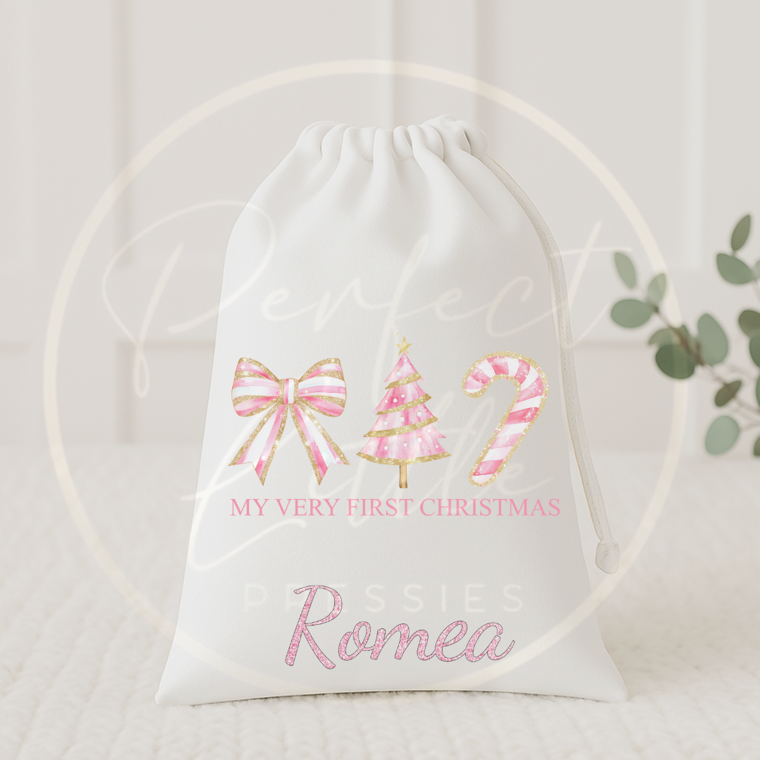 Christmas Drawstring Bag - Pink Glitter Trio First Christmas