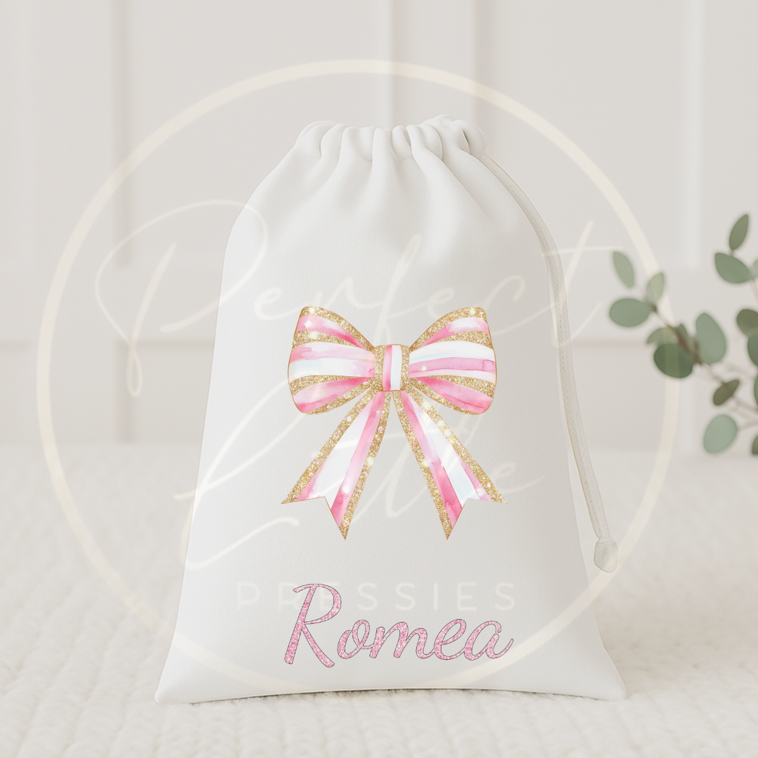 Christmas Drawstring Bag - Pink Glitter Bow