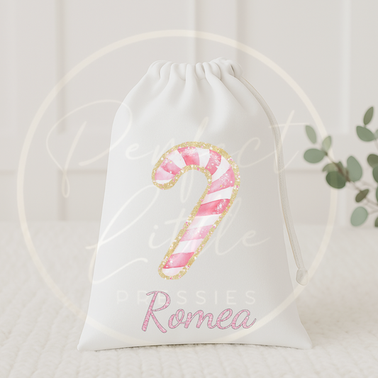 Christmas Drawstring Bag - Pink Glitter Candy Cane