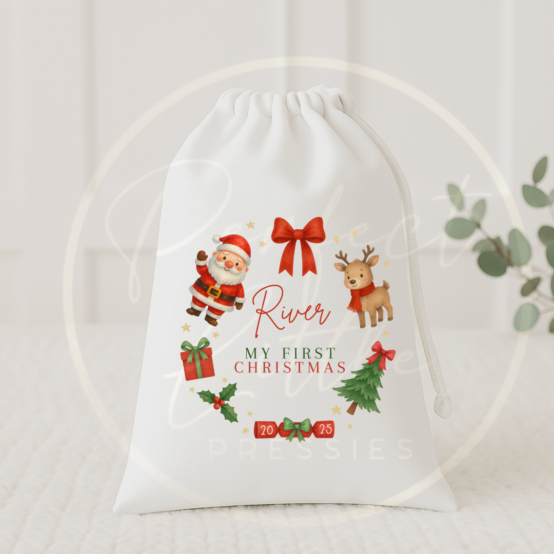 Christmas Drawstring Bag - My First Christmas Friends Wreath