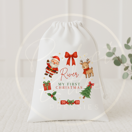 Christmas Drawstring Bag - My First Christmas Friends Wreath