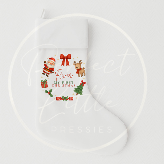 Christmas Stocking - Red First Christmas Friends Wreath