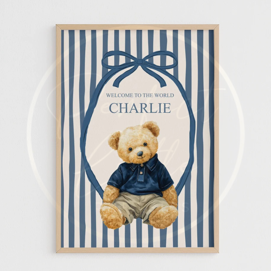 Custom Print - Blue Pin Stripe Bear