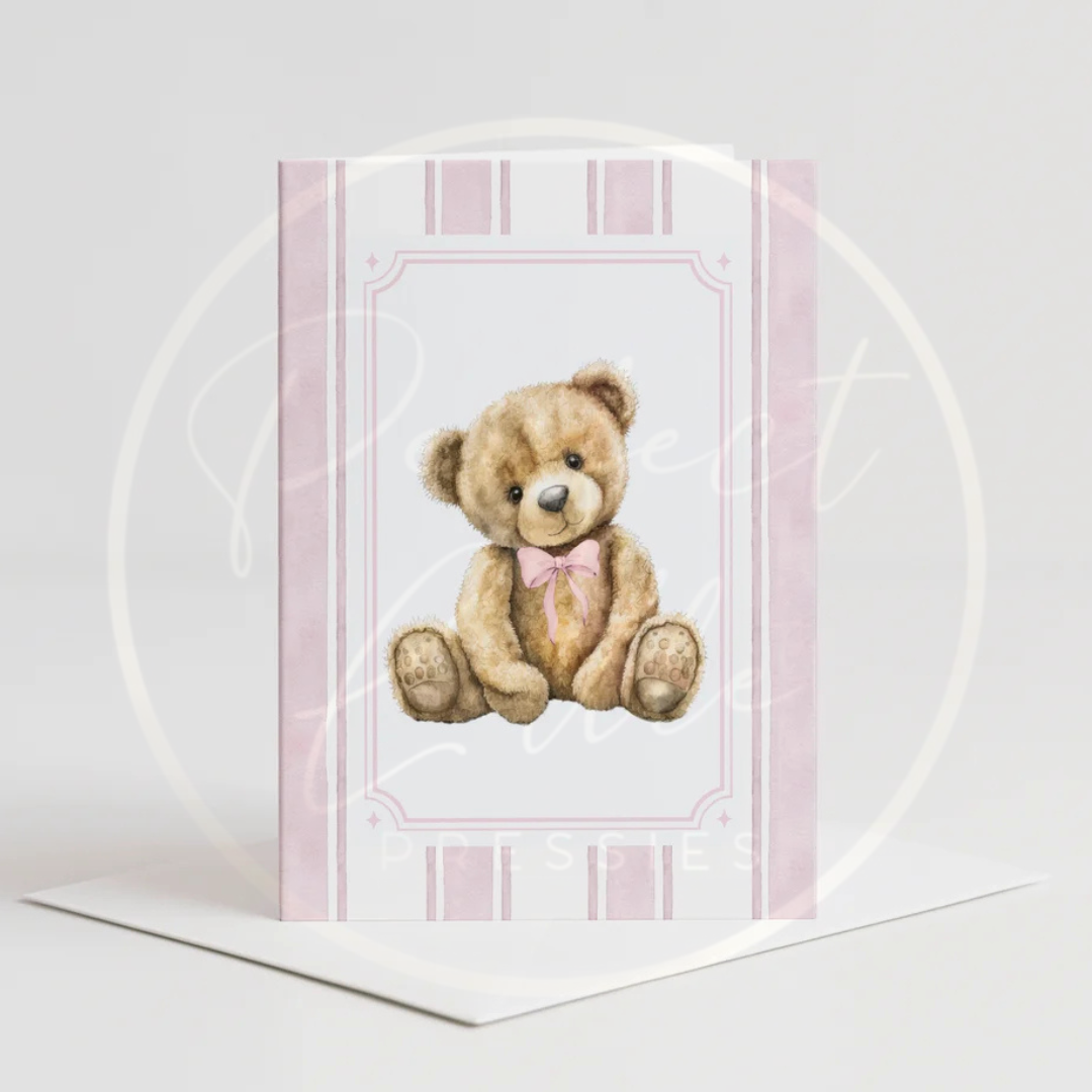 Custom Card - Pink Pinstripe Bear