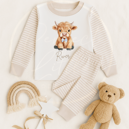 Kids Pyjamas - Highland Cow Blue Bow
