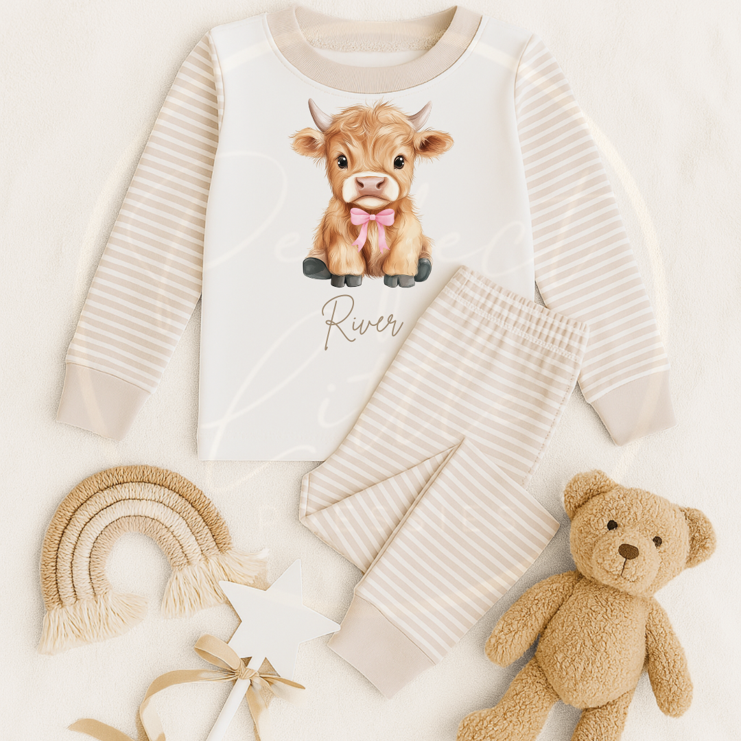 Kids Pyjamas - Highland Cow Pink Bow