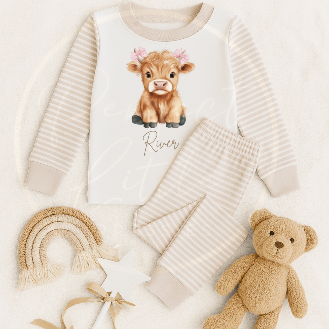 Kids Pyjamas - Highland Cow Pink Bow