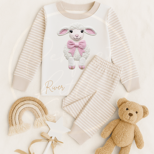 Kids Pyjamas - Embroidery Effect Lamb Pink Bow