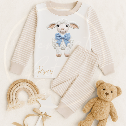 Kids Pyjamas - Embroidery Effect Lamb Blue Bow
