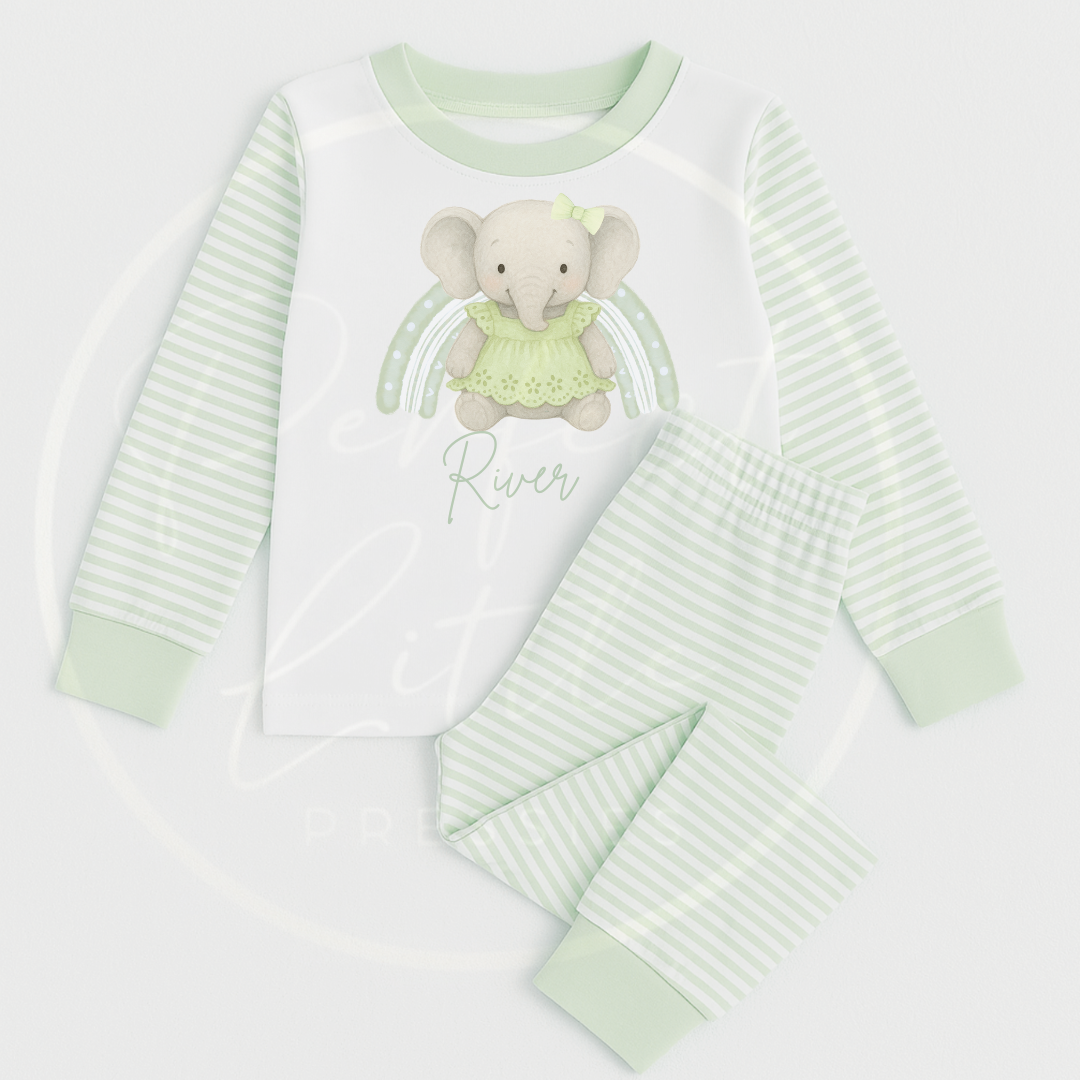 Kids Pyjamas - Sage Rainbow Elephant