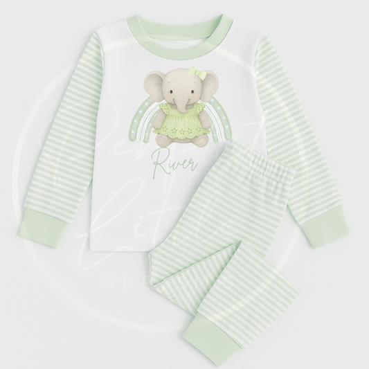 Kids Pyjamas - Sage Rainbow Elephant