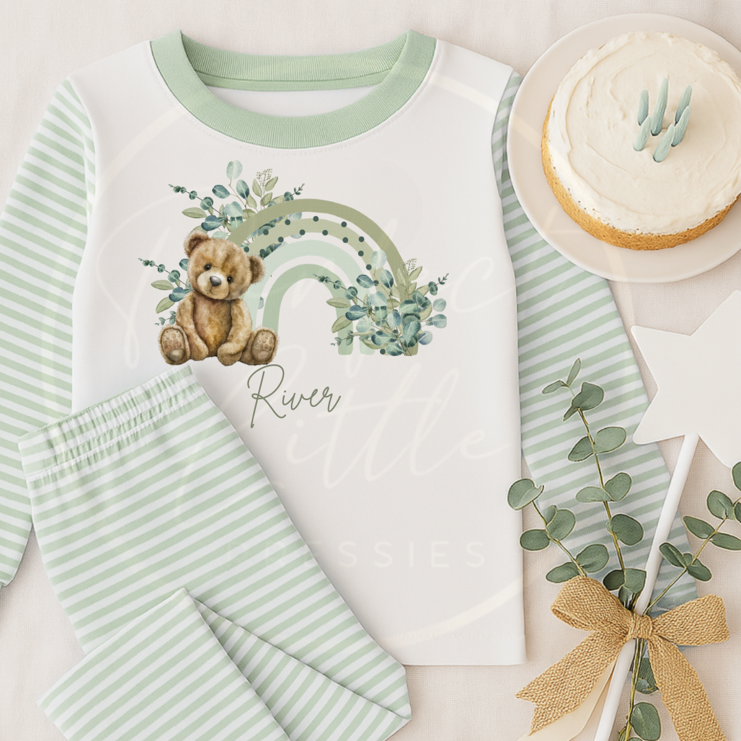 Kids Pyjamas - Sage Rainbow Bear