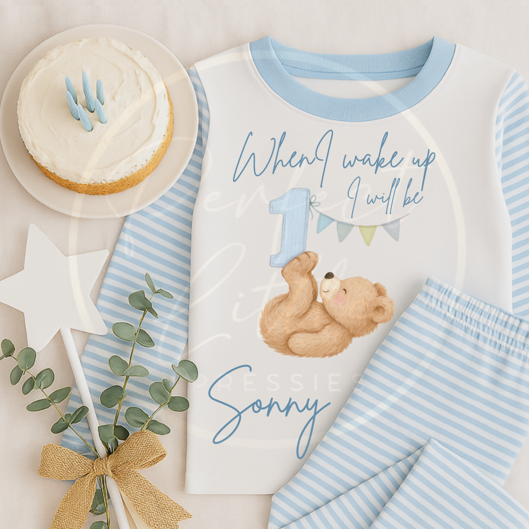 Blue Pyjamas - Bear With Number Personalised Design