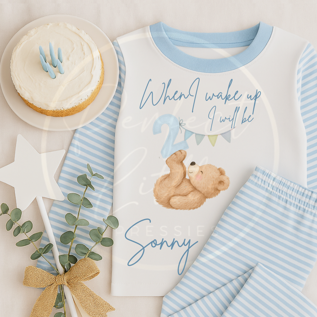 Blue Pyjamas - Bear With Number Personalised Design