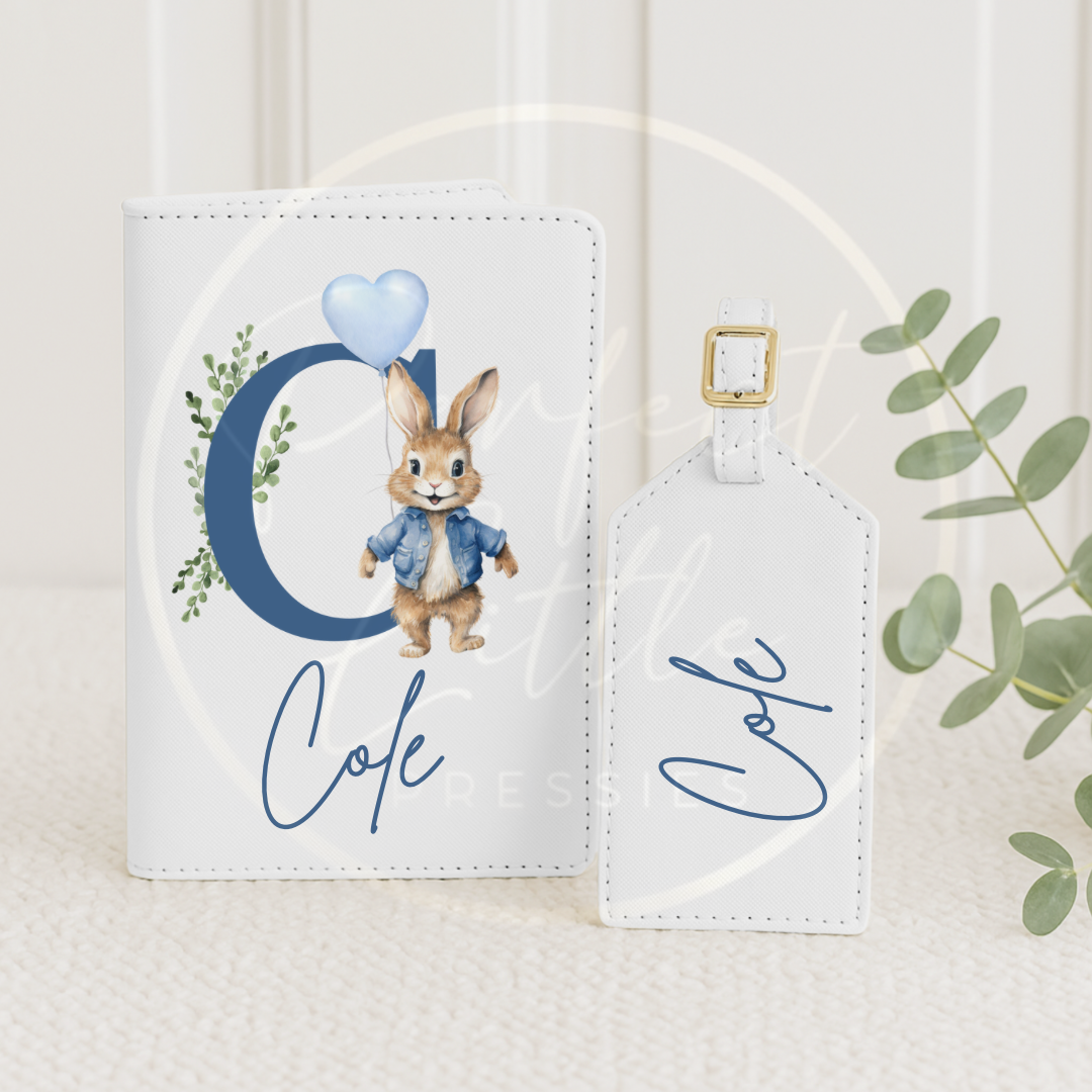 Passport Cover and Luggage Tag Set - Blue Initial Bunny Design