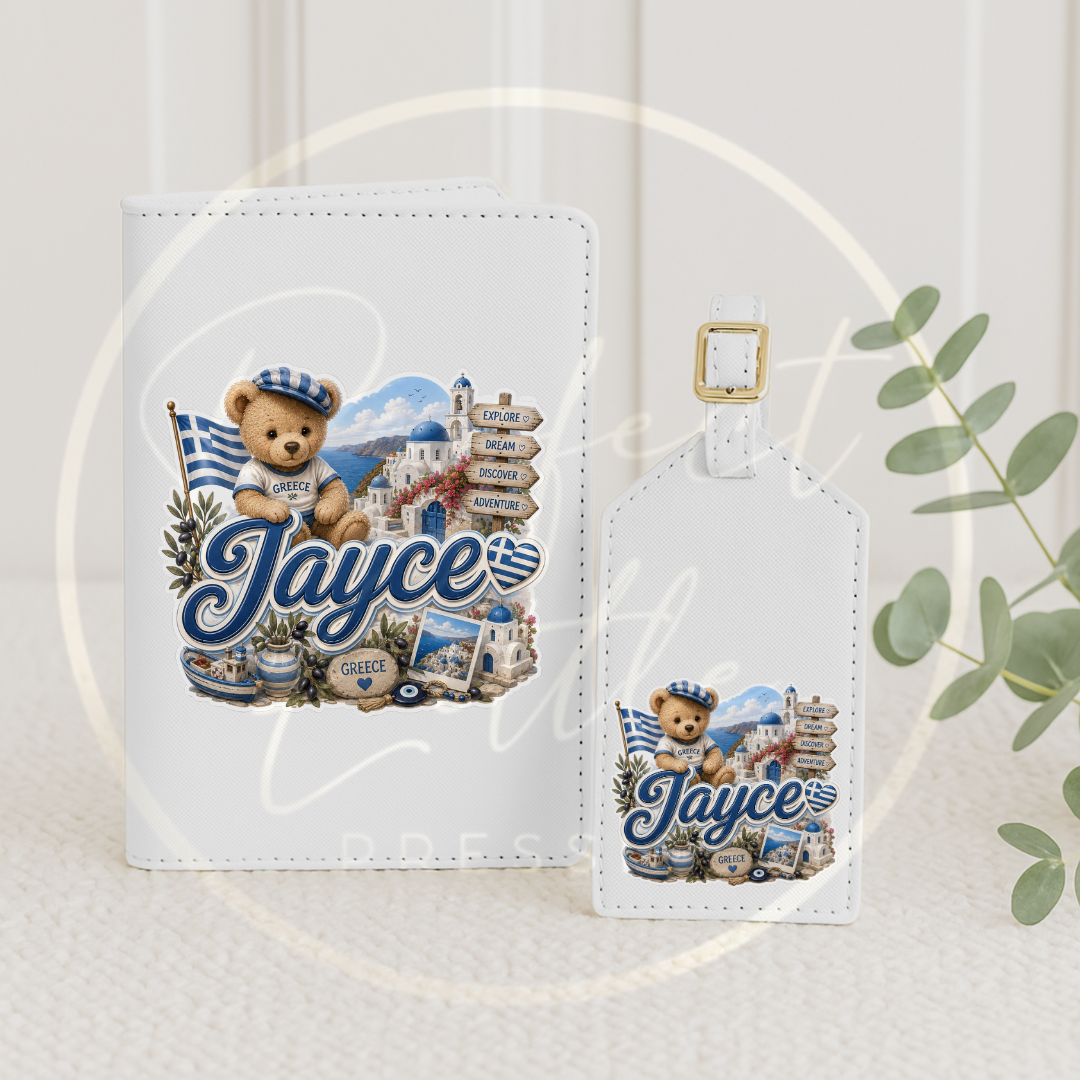 Passport Cover/Luggage Tag Set - Blue Little Greece Bear