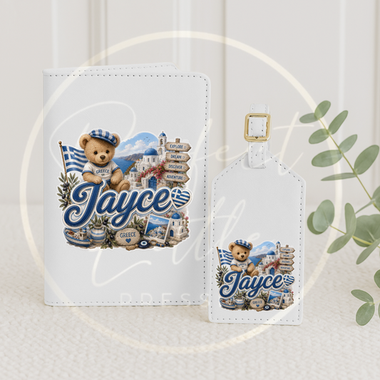 Passport Cover/Luggage Tag Set - Blue Little Greece Bear