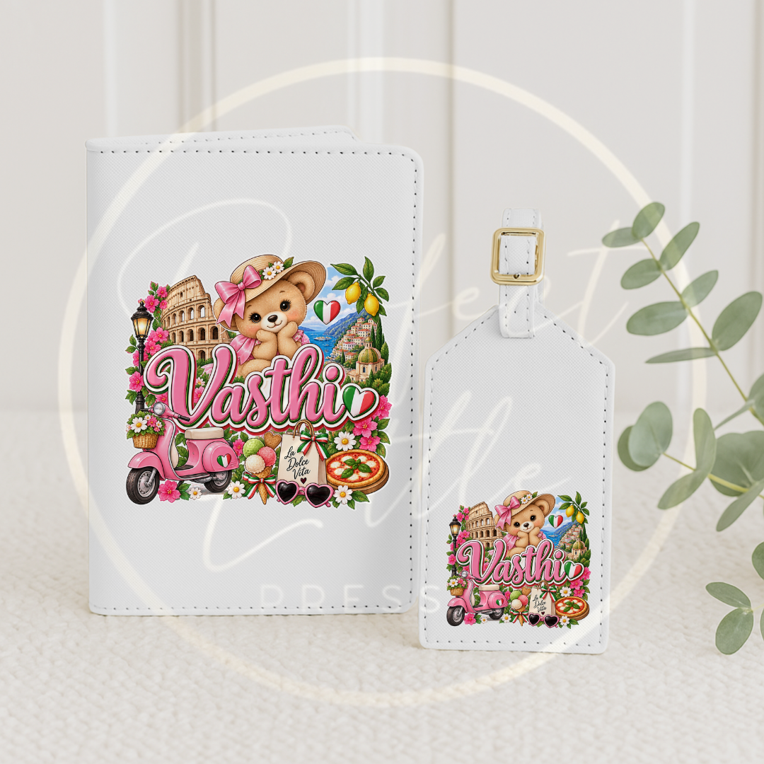 Passport Cover/Luggage Tag Set - Pink Little Italy Bear