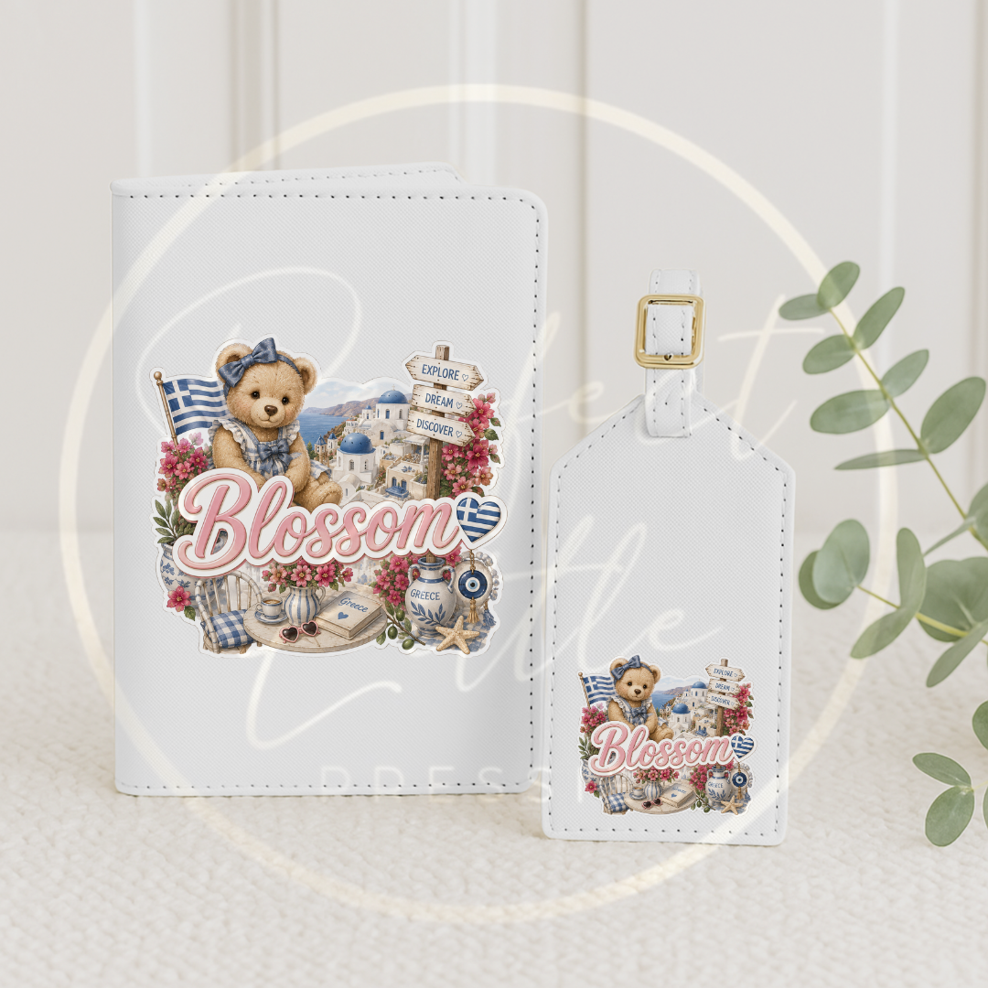 Passport Cover/Luggage Tag Set - Pink Little Greece Bear