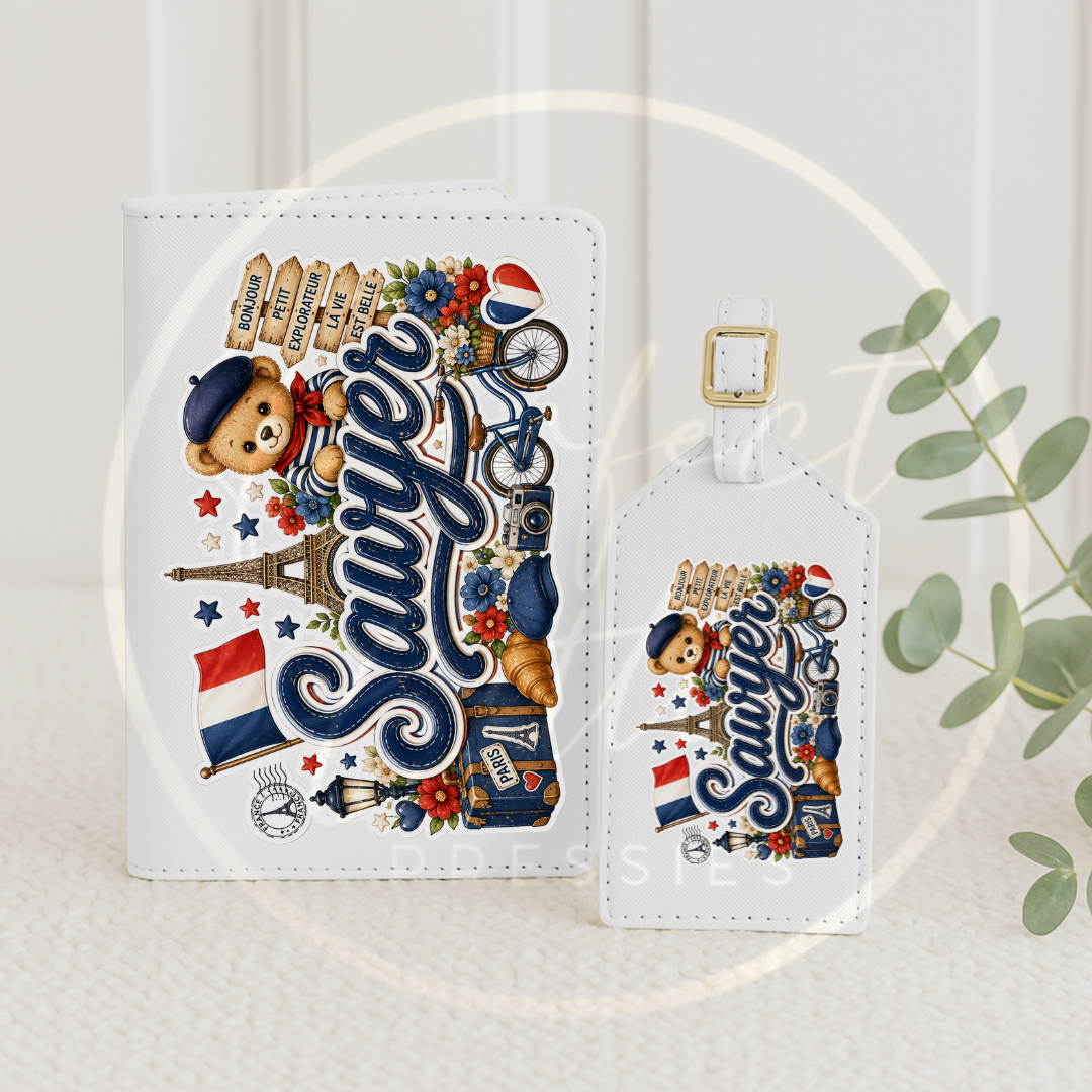 Passport Cover/Luggage Tag Set - Blue Little France Bear