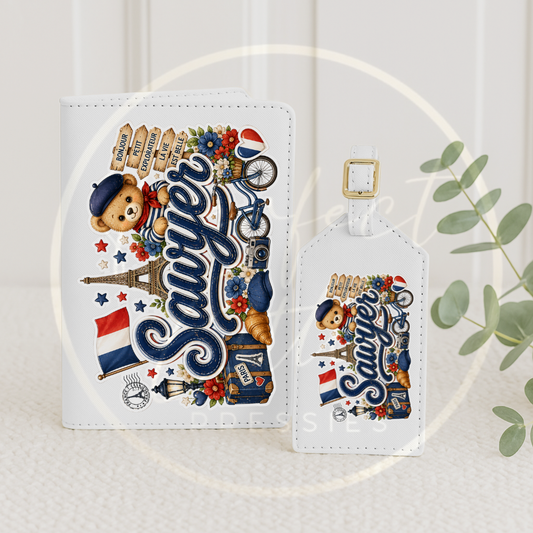 Passport Cover/Luggage Tag Set - Blue Little France Bear