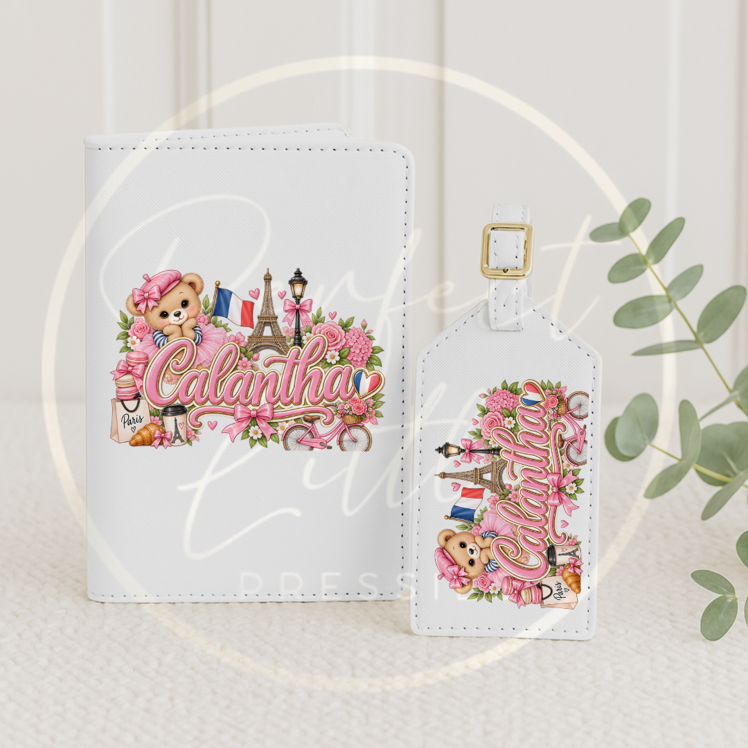 Passport Cover/Luggage Tag Set - Pink Little France Bear