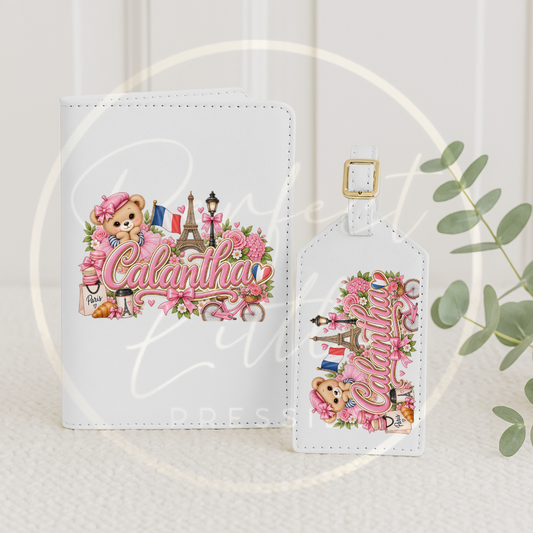 Passport Cover/Luggage Tag Set - Pink Little France Bear