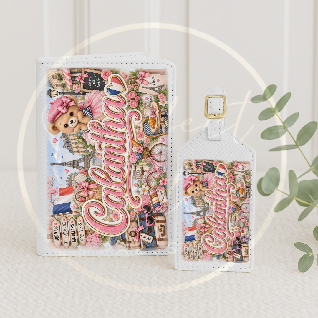 Passport Cover/Luggage Tag Set - Full Pink Little France Bear