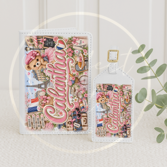 Passport Cover/Luggage Tag Set - Full Pink Little France Bear