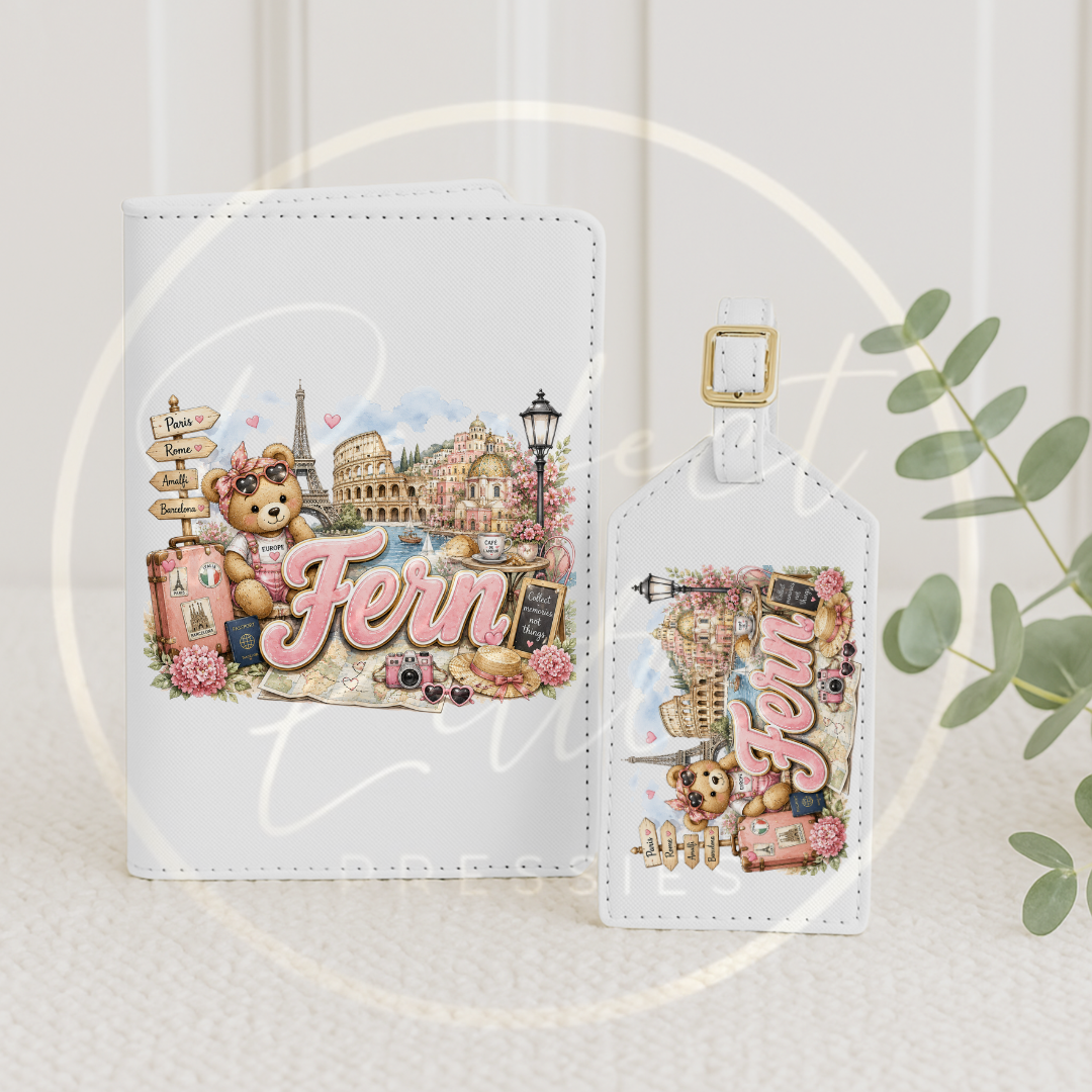 Passport Cover/Luggage Tag Set - Pastel Pink Little Europe Bear