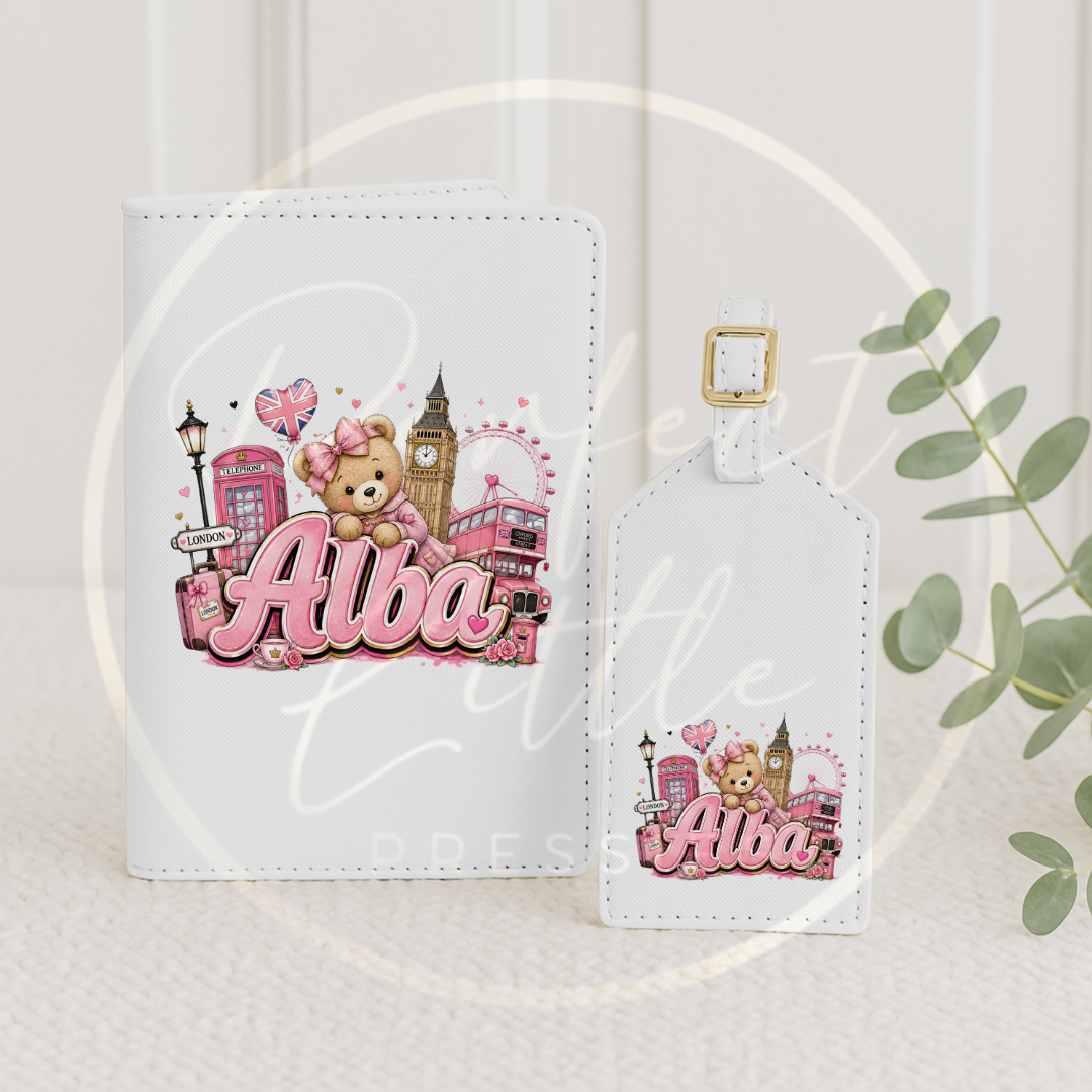 Passport Cover/Luggage Tag Set - Pink Little London Bear