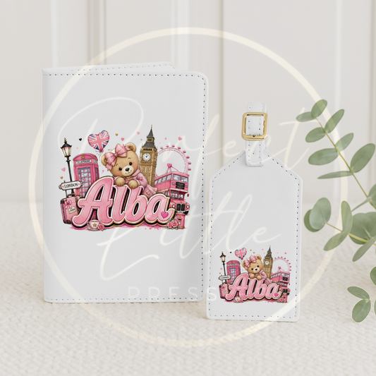 Passport Cover/Luggage Tag Set - Pink Little London Bear
