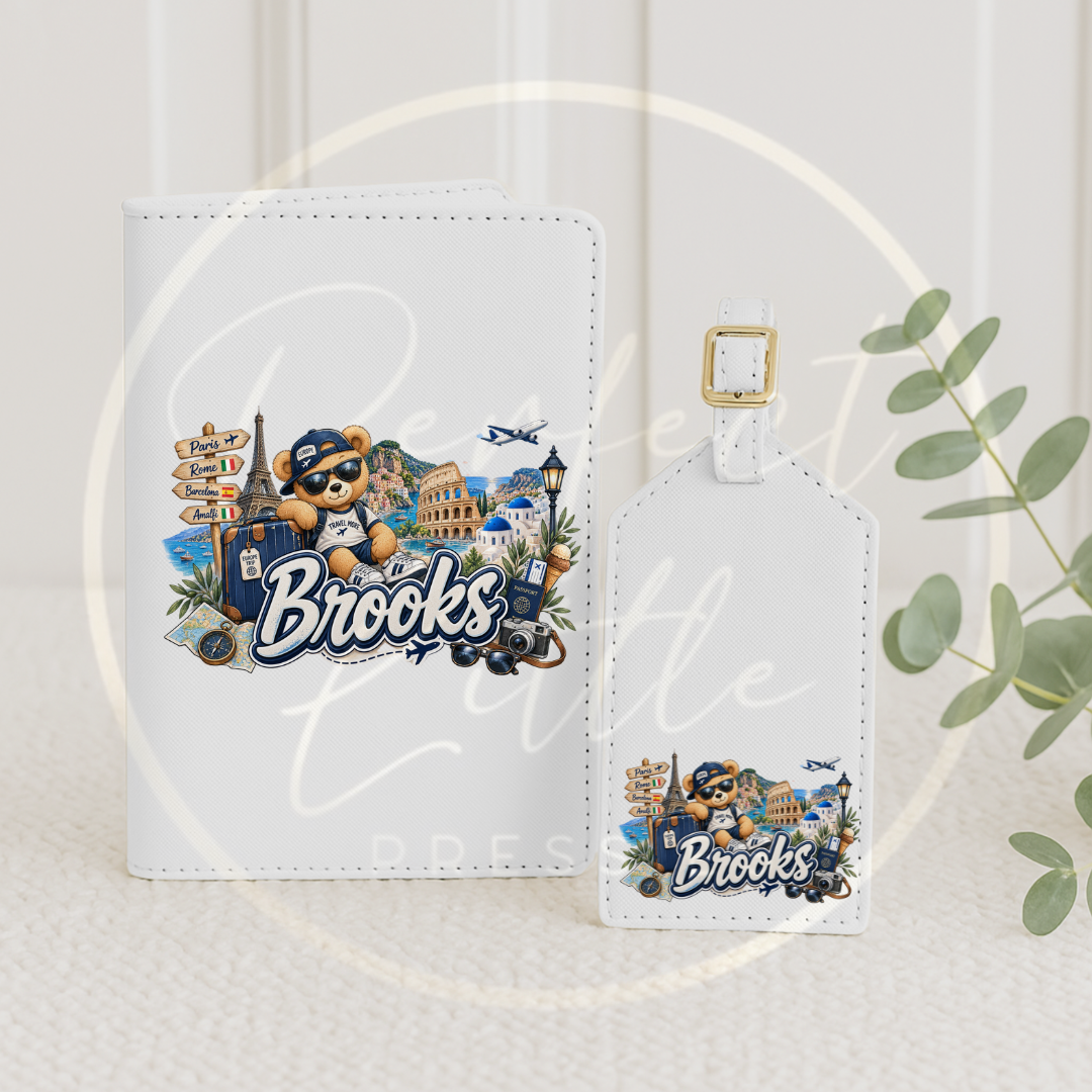 Passport Cover/Luggage Tag Set - Blue Little Europe Bear