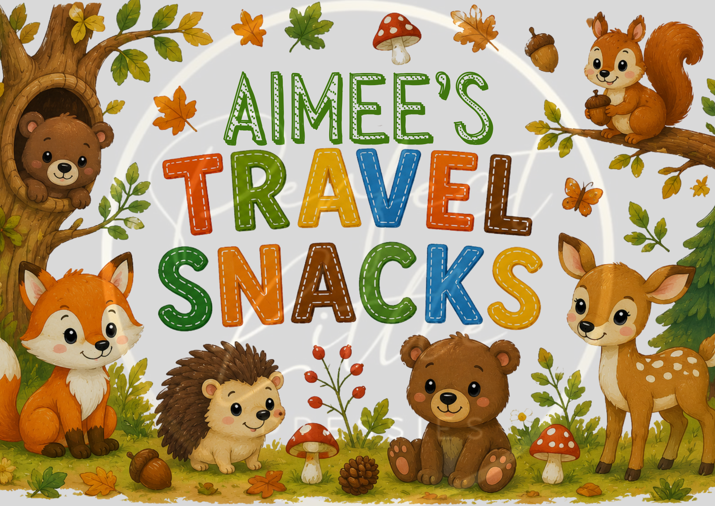 CUSTOM ADHESIVE DECAL - Woodland Travel Snacks