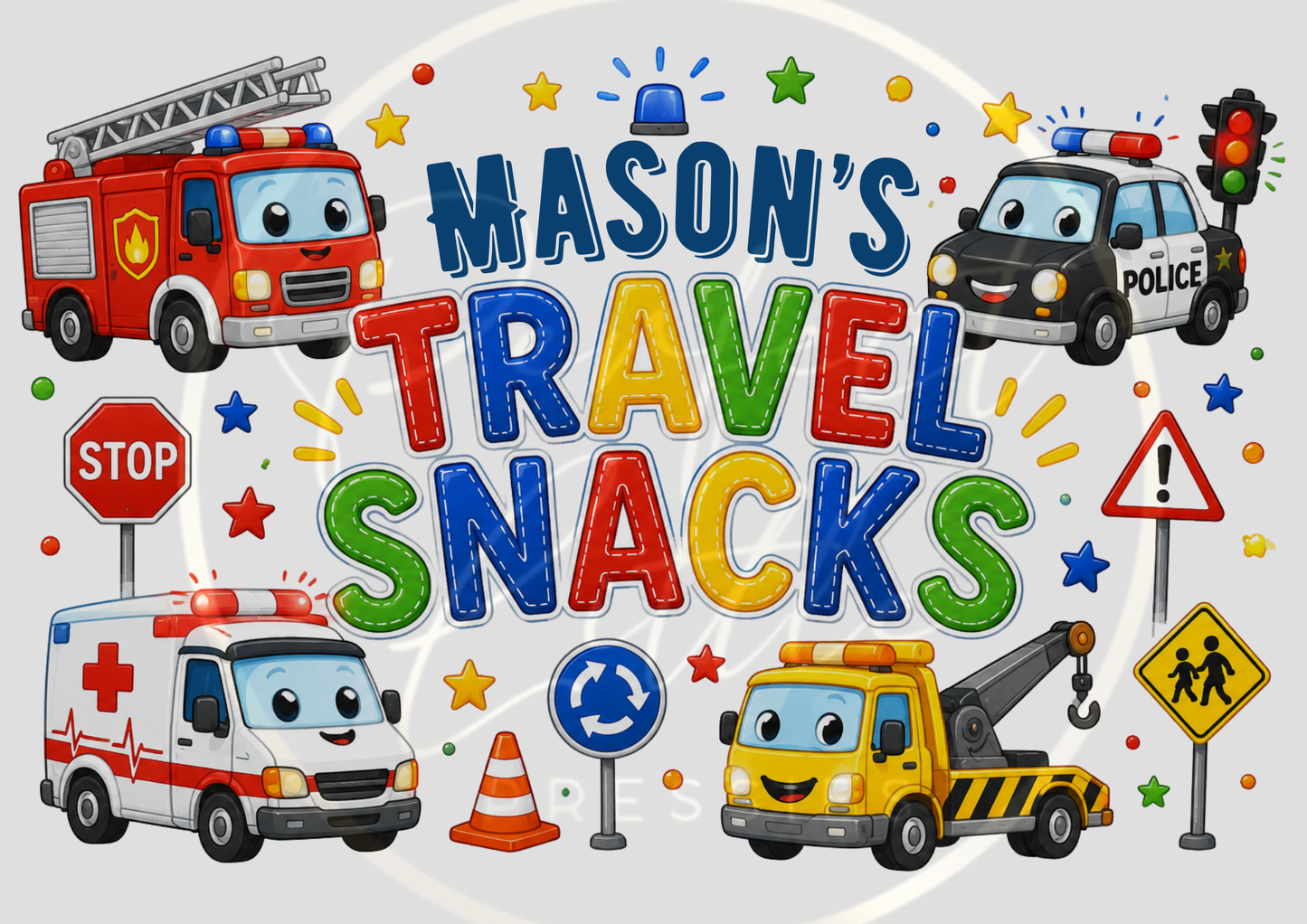 CUSTOM ADHESIVE DECAL - Emergency Services Cartoon Travel Snacks