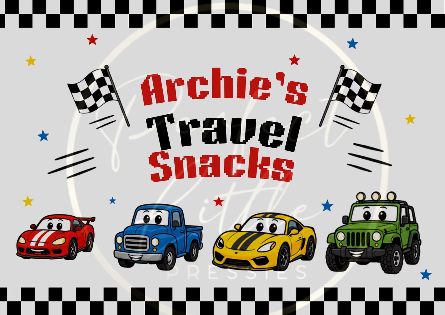 CUSTOM ADHESIVE DECAL - Car/Truck Travel Snacks