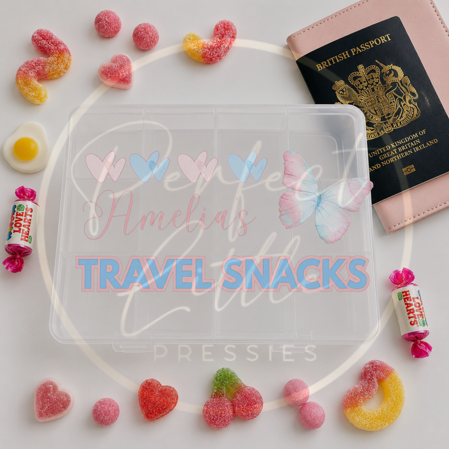 CUSTOM ADHESIVE DECAL - Pink/Blue Butterfly Travel Snacks