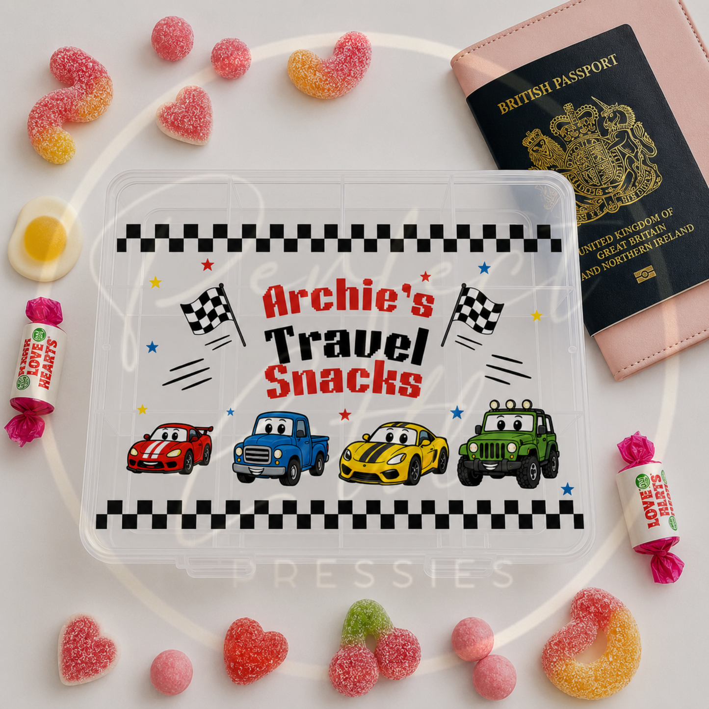 CUSTOM ADHESIVE DECAL - Car/Truck Travel Snacks